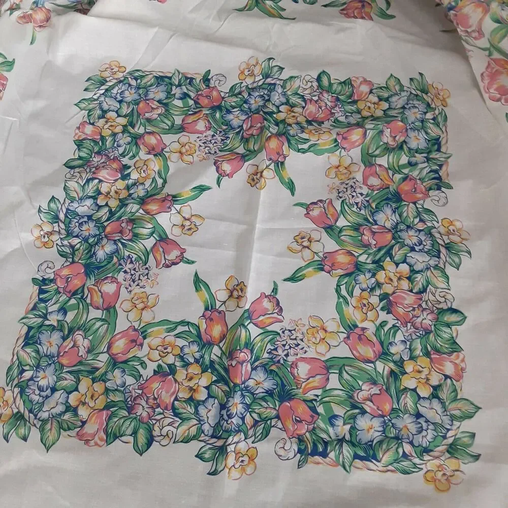 Easter Tablecloth Bunnies Baskets Chicks Eggs 51x52 Floral Cheerful